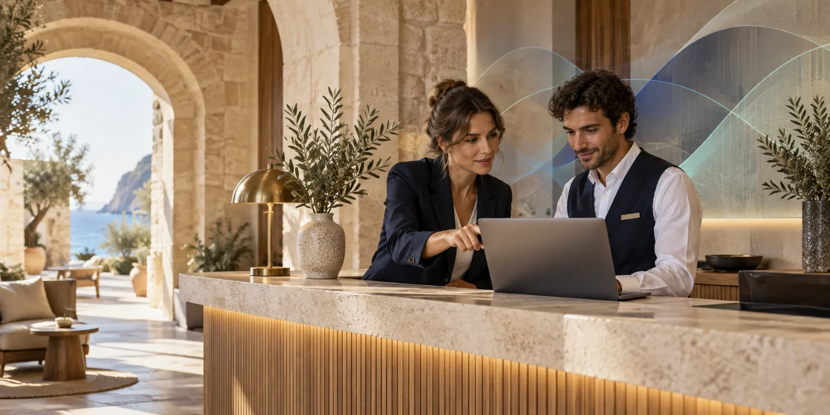 AI and hotel direct bookings in 2027 Two professionals review a laptop at a hotel reception; a conceptual illustration of AI and direct bookings.