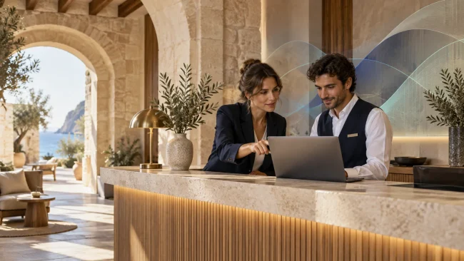 Dos profesionales revisan un portátil en la recepción de un hotel; ilustración conceptual sobre IA y venta directa.