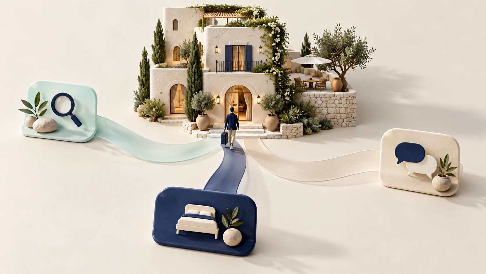 Ilustración de búsqueda, conversación y reserva como distintos caminos hacia un hotel.