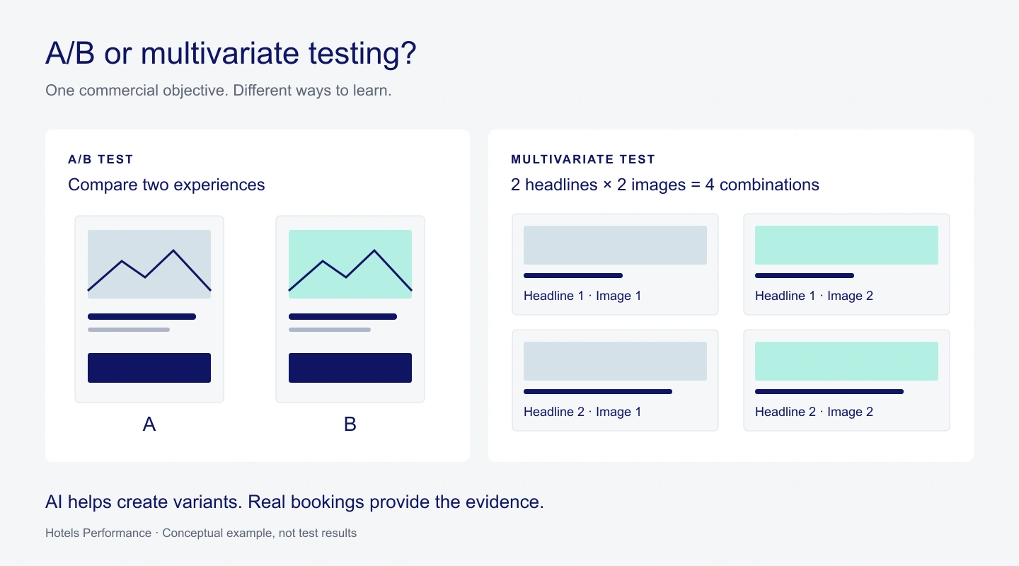 An A/B test compares two experiences; a multivariate test with two headlines and two images compares four combinations.